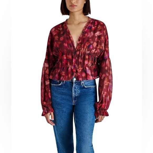 Steve Madden Tops - Steve Madden Wine Floral Blouse Button Down Top Feminine Ruffles